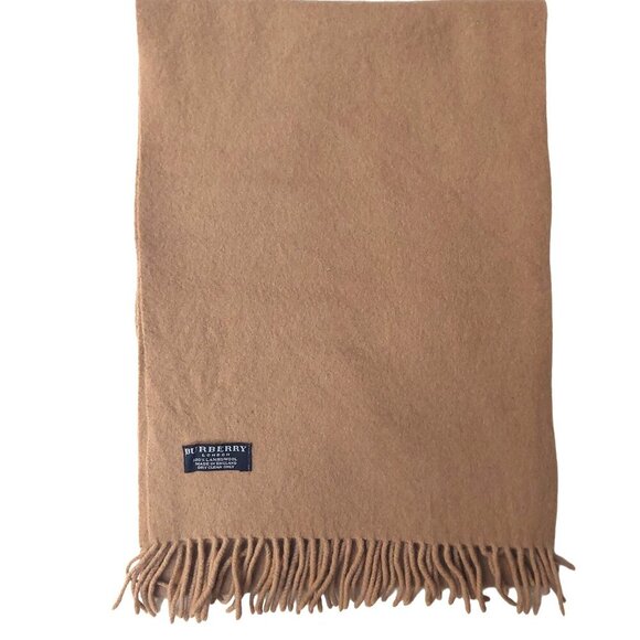 Vintage Burberry Solid Camel Tan Embroidered Logo 100% Cashmere Scarf Scarves